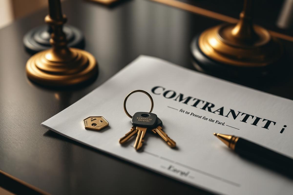 المنازعات العقارية — مفاتيح عقار ومستند عقد إيجار بألوان ذهبية داكنة على مكتب أنيق