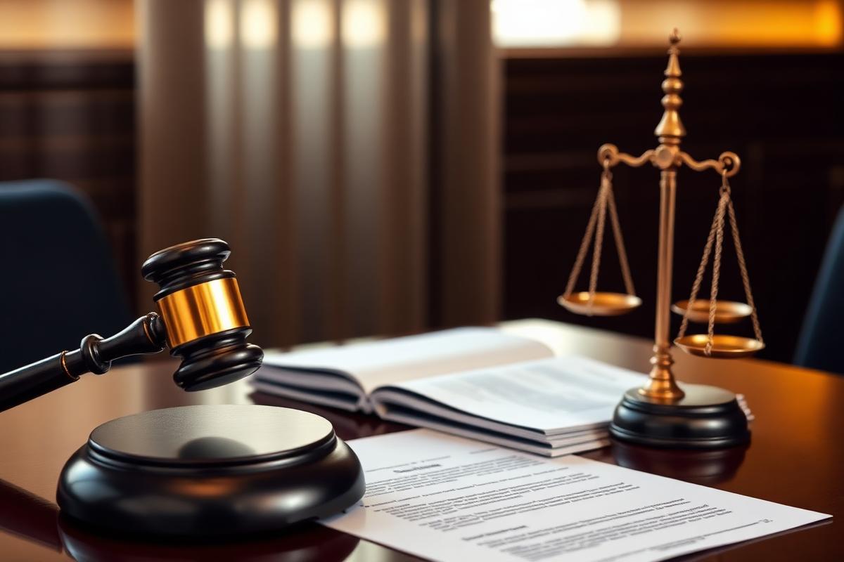طاولة تحكيم تجاري عليها مطرقة قضائية ووثائق عقود وميزان العدالة